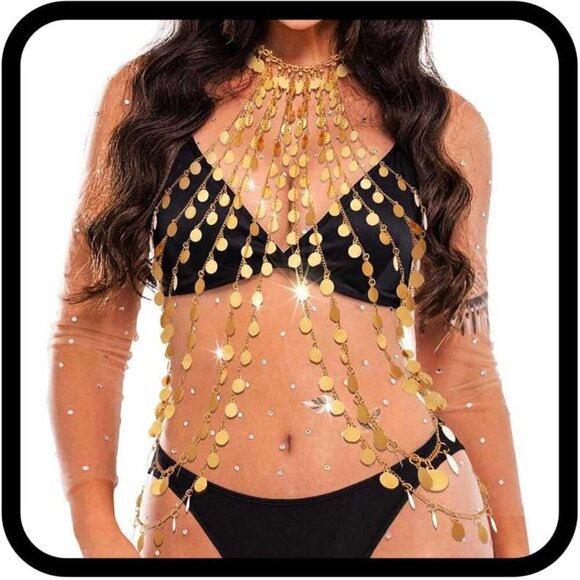 Women Gold Sequin Body Chain Layered Bra Accessory for Beach Party